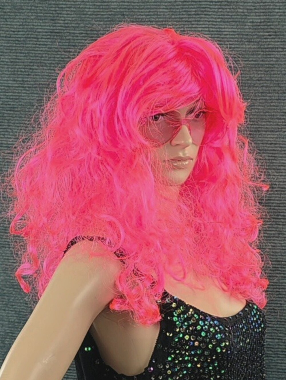 Neon Hot Pink Long Curly Costume Wig